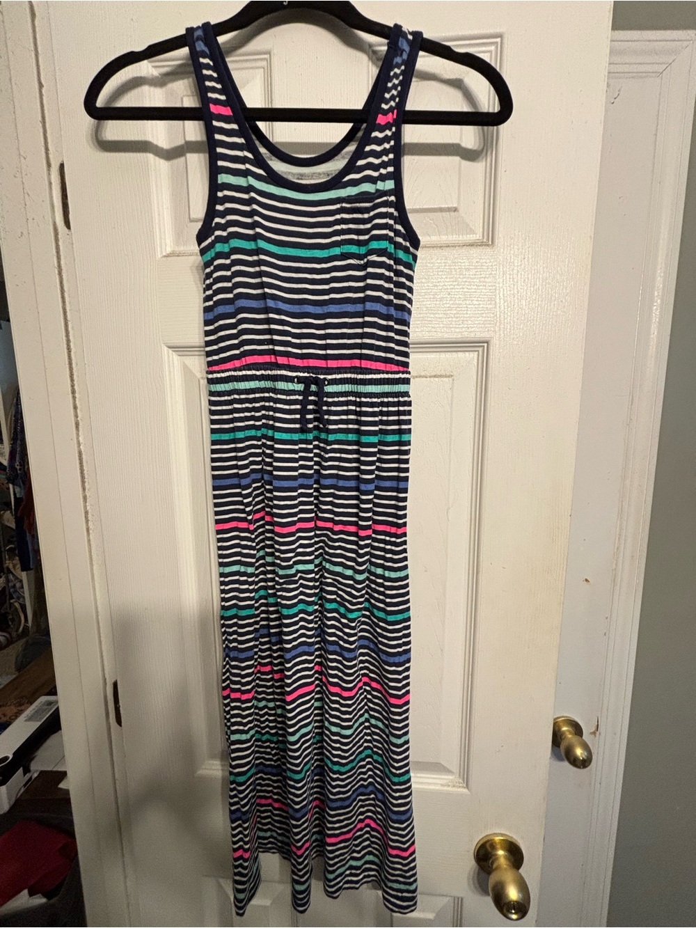 Girls' Navy Striped Tank One-Piece Dress with Pink & Teal Accents Medium